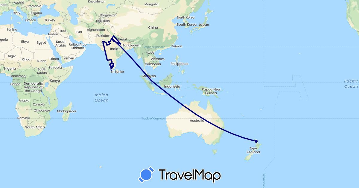 TravelMap itinerary: driving in India, New Zealand, Singapore (Asia, Oceania)